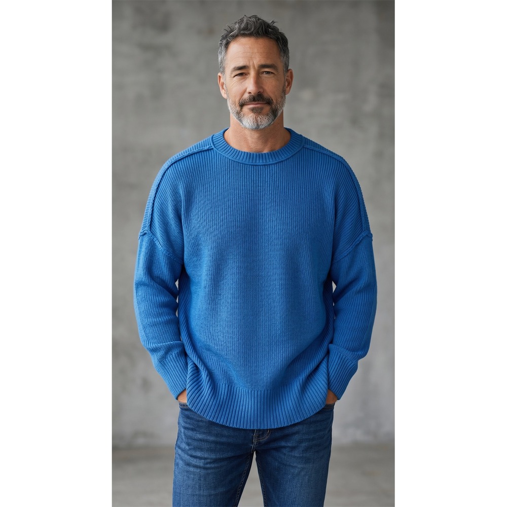 Mens Blue Ribbed Knit Crewneck Sweater Oversized Dropped Shoulder Pullover Small